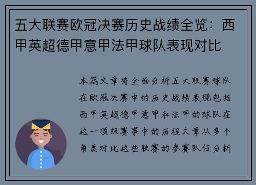 五大联赛欧冠决赛历史战绩全览：西甲英超德甲意甲法甲球队表现对比