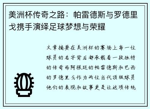 美洲杯传奇之路：帕雷德斯与罗德里戈携手演绎足球梦想与荣耀