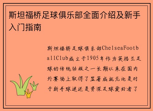 斯坦福桥足球俱乐部全面介绍及新手入门指南