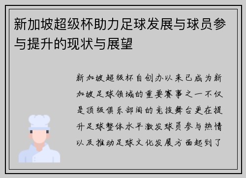 新加坡超级杯助力足球发展与球员参与提升的现状与展望