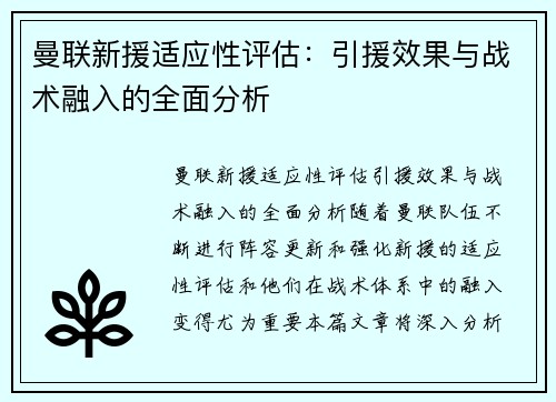 曼联新援适应性评估：引援效果与战术融入的全面分析